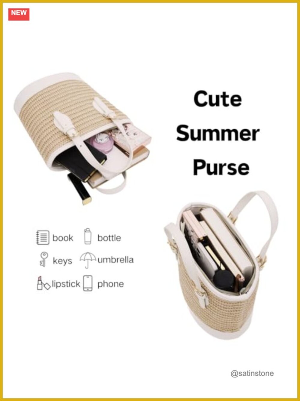 Straw Bucket Bag with Crossbody Strap, Summer Beach Purse - Picture 5 of 7